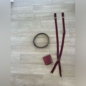Men’s burgundy suspenders, pocket square and belt